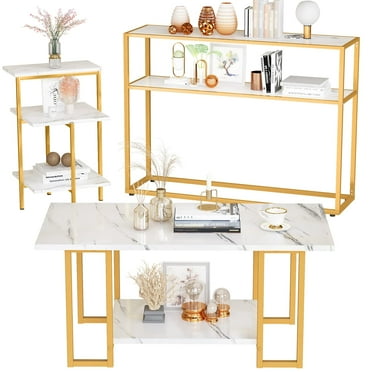 furlinkhm Marble Coffee Table Set of 3 with 3-Tier End Table & Console Tables, 3 Piece Living Room Table Set with Metal Frame,Accent Table Side Table for Home,Office,Gold+White