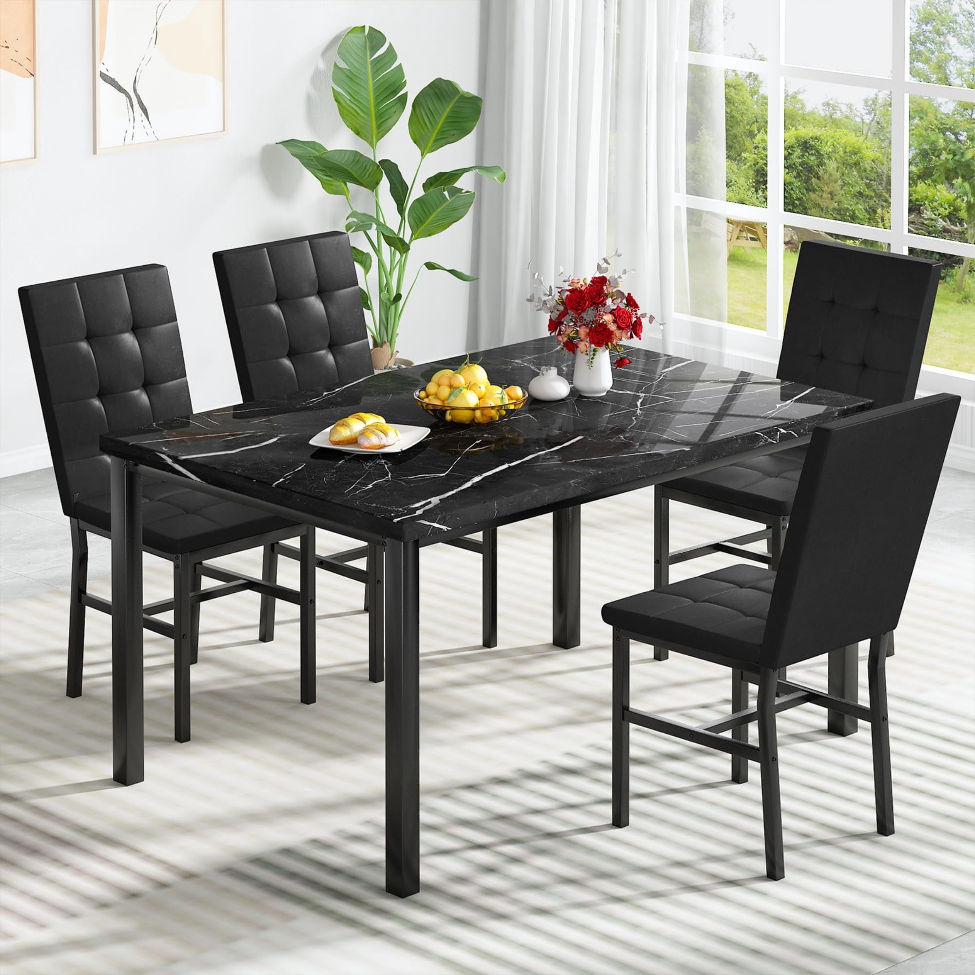Furlinkhm Dining Table Set for 4 with Modern Rectangular Faux Marble ...