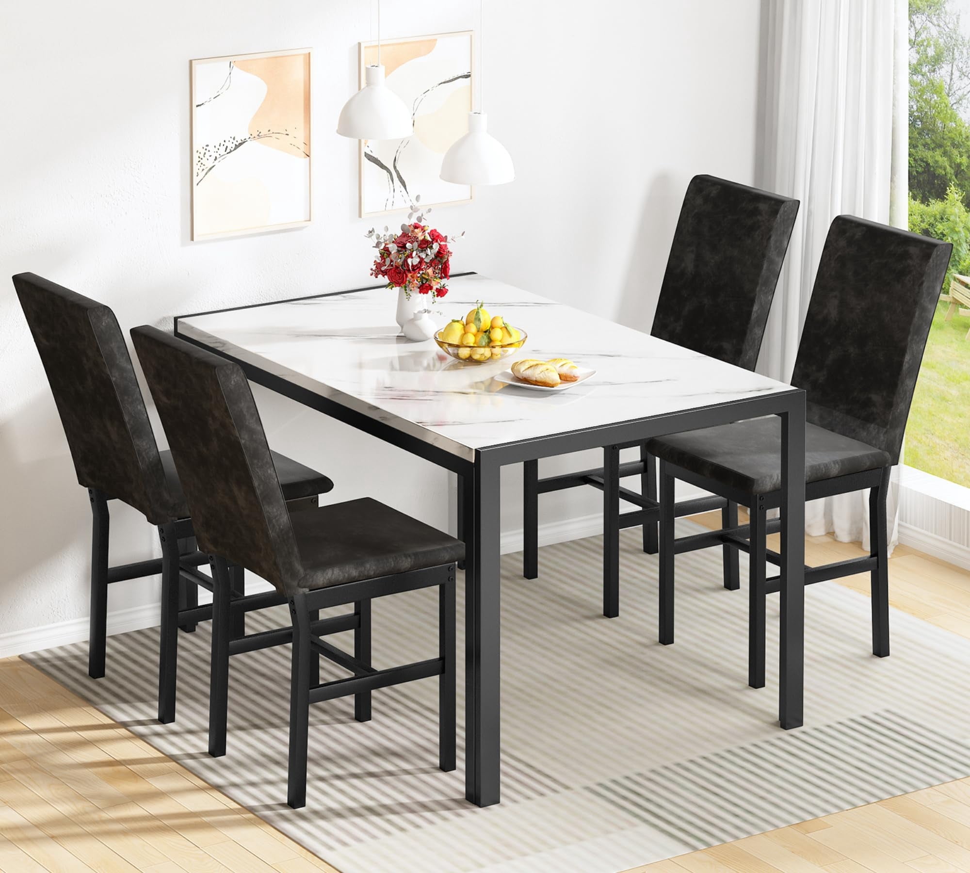 Furlinkhm Dining Table Set for 4, Faux Marble Table with 4 Upholstered ...
