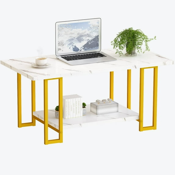 furlinkhm Rectangle White and Gold Coffee Tables for Living Room, Modern Faux Marble Coffee Table with Gold Metal Frame, Coffee Tables for Living Room with Storage Open Storage Shelf