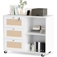 thumbnail image 1 of furlinkhm Wood Filing Cabinet with Lock,3 Drawers Office Storage Cabinet Printer Stand with Open Storage Shelves,Rattan Mobile File Cabinet for Home Office,White, 1 of 8