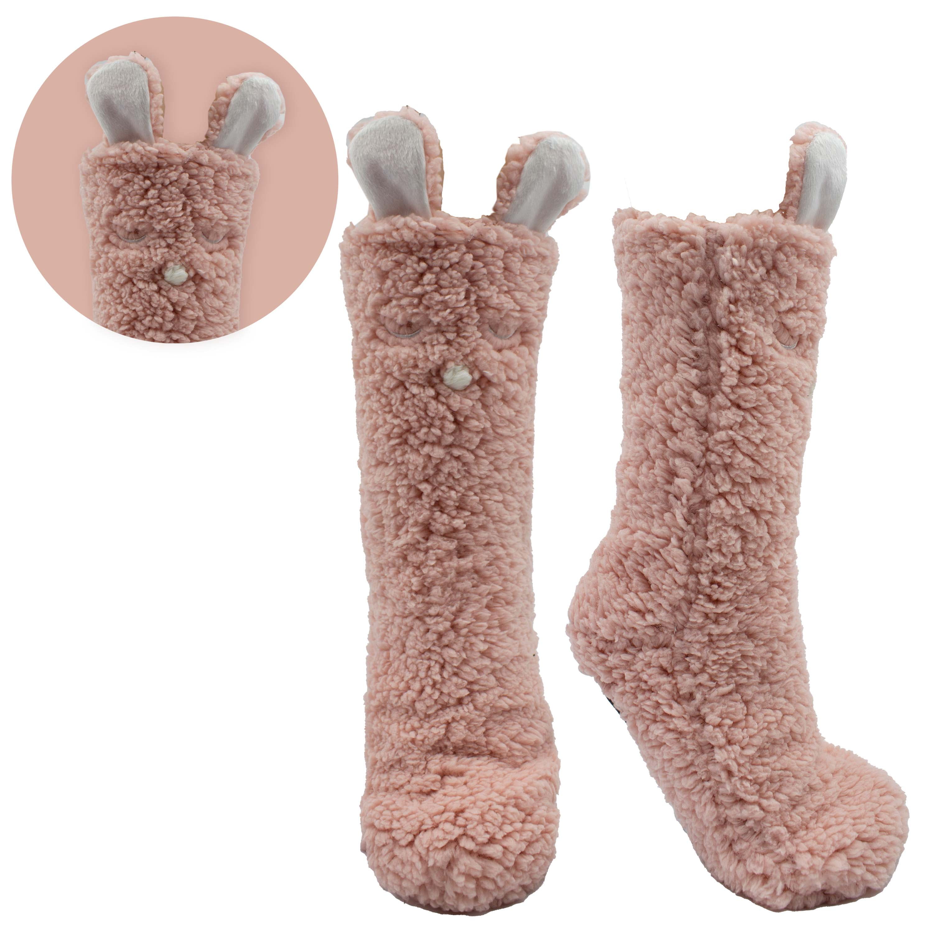 furry little friends lounge socks infused with rose n shea Bunny 3D Faux Sherpa Animal Socks W Non Skid Bottom