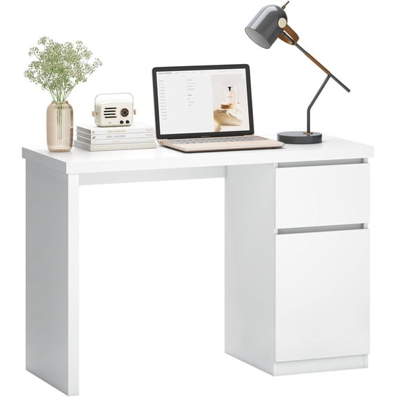 furtble White Desk with Drawers, 43 Inch Small Cute Desk for Bedroom, Home Office PC Desks Workstation Study Table Desks with Storage, White