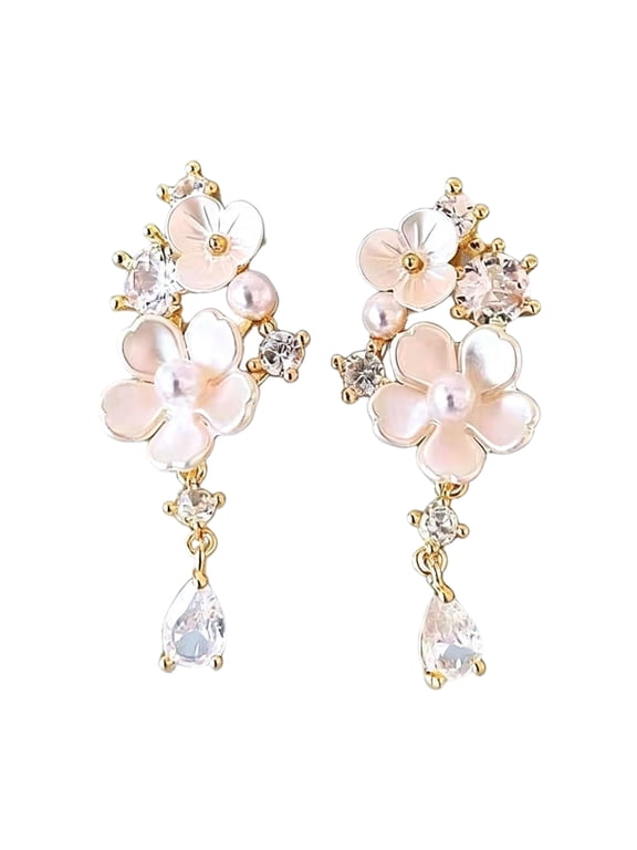 1 Pair Flower Dangle Drop Earrings for Women, Pink Flower Earrings with Rhinestone Teardrop Charm, Statement Jewelry for Wedding, Party, Prom