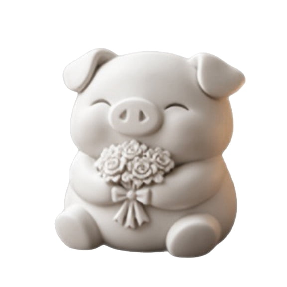 fuxzkrlz 3D Printed Cute Pig Figurine, Small Pig Holding Flower Bouquet Statue, Collectible Animal Ornament for Home Kitchen Office Decor