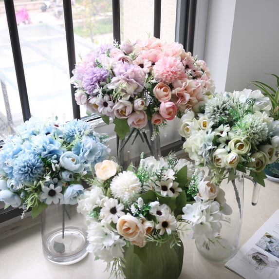 fuxzkrlz Artificial Flowers Bunch Realistic Faux Silk Flowers Long-Lasting Hydrangea Rose Fake Flowers for Vase Flower Arrangement Home Decor Wedding