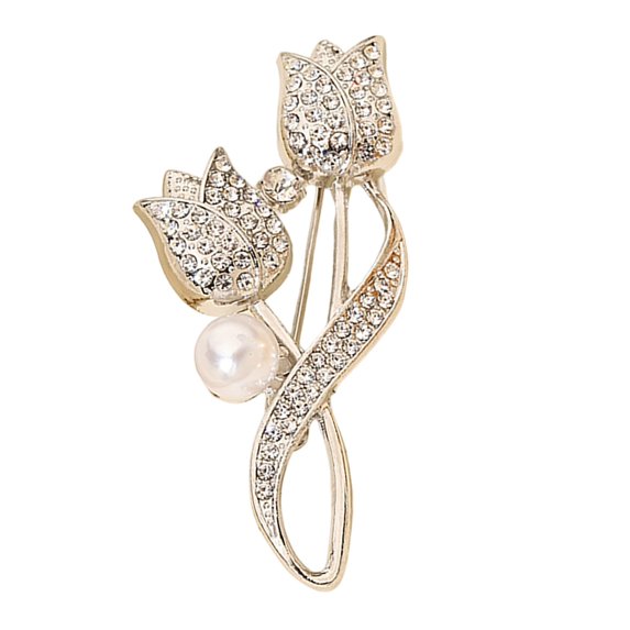 fuxzkrlz Women Alloy Brooch Pin, Tulip Shape Lapel Badge with Imitation Pearl Rhinestones Inlaid, Brooch Versatile Accessory for Sweaters Collars Hats Bags Coats Scarves