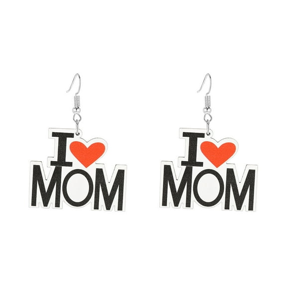 fuyuli Mother's Day Father's Day Wood Earrings, Mother's Day Wood Earrings Pair,"I LOVE MOM or DAD" Letter Wooden Round Dangle Earrings(I LOVE MOM)