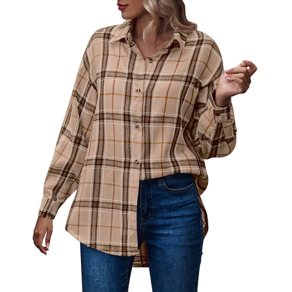 fvwitlyh Anime Shirts for Women Plaid Flannel Button Down Shirts for Women Oversized Dressy Casual Long Sleeve Tops Blouse