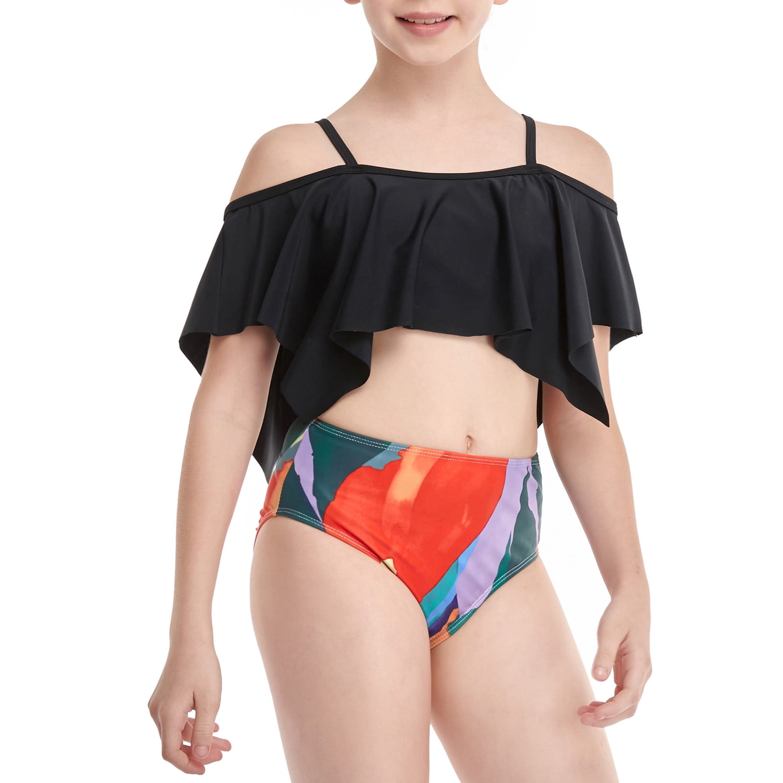 Lovskoo Cute Swimsuits for Girls 2 Piece Swimsuit Parent-Child Ruffles  Ladies Split High Waist Top Tie Swimwear Bikini Set Yellow