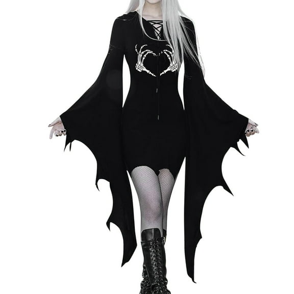 fvwitlyh Black formal Dresses for Women Women's Black Goth Dresses Vintage Fit and Flare Skater Dress Wrap Dress for Women Women's Black Goth Dresses Vintage Fit and Flare Skater Dress