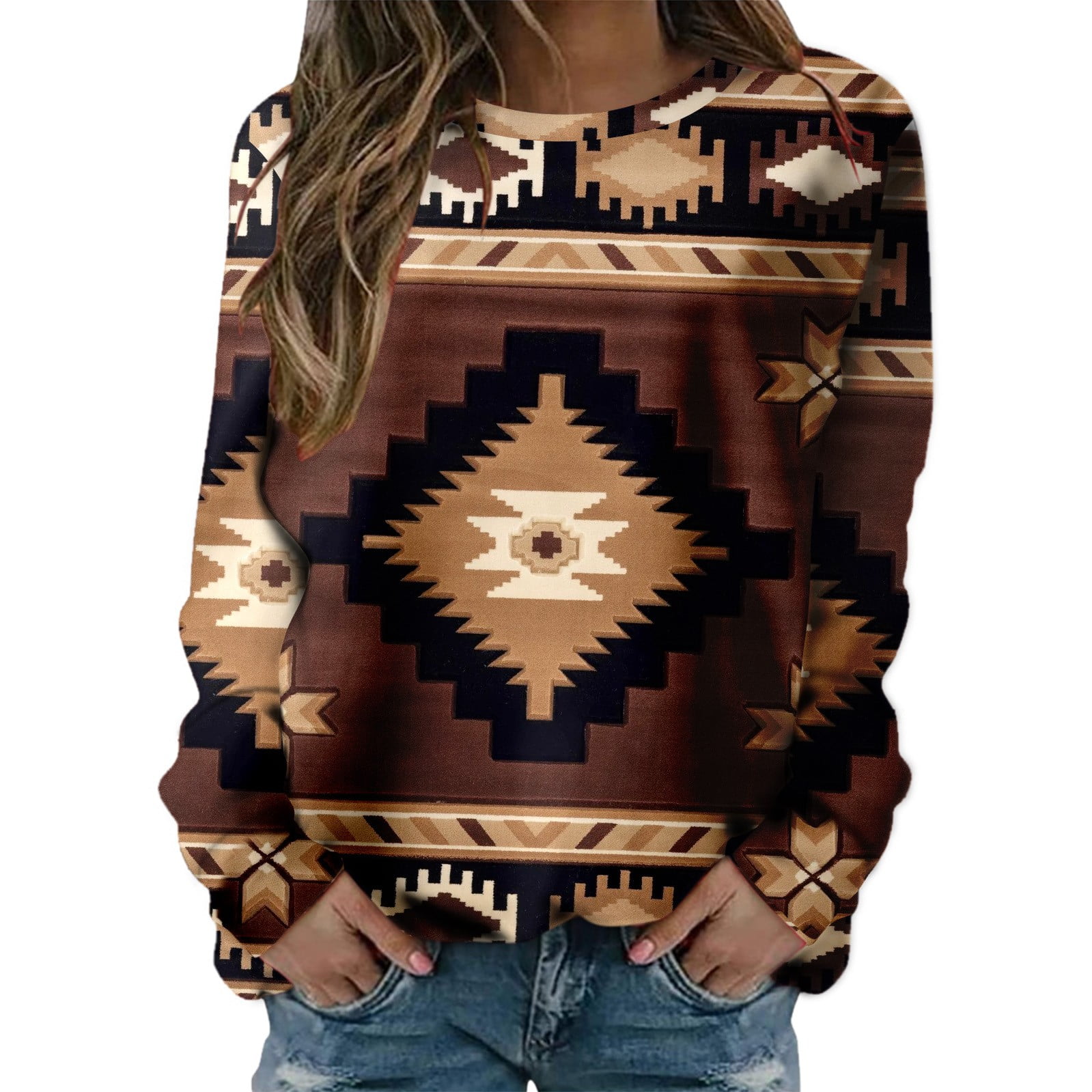 fvwitlyh Brown Hoodie Womens Long Sleeve Western Shirts Round Neck ...