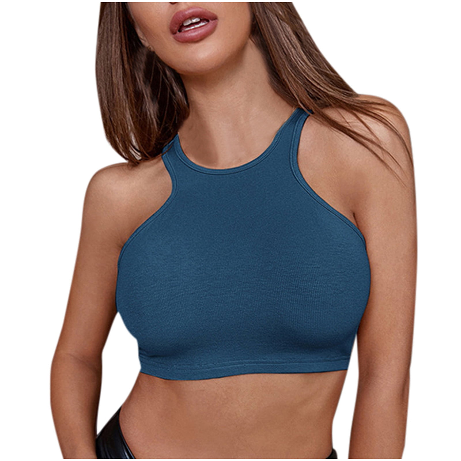 fvwitlyh Cropped Tank Top Women's Scoop Neck Spaghetti Strap Racerback  Sports Cami Tank Tops Blue Large