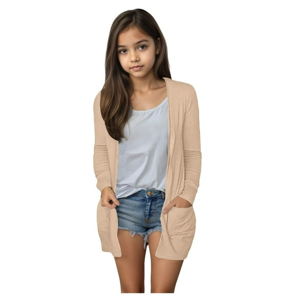 fvwitlyh Girls Lightweight Cardigan Long Sleeve Casual Open Front Oversized Sweater Cute Soft Outerwear Coat with Pockets (Beige,5-6 Years)