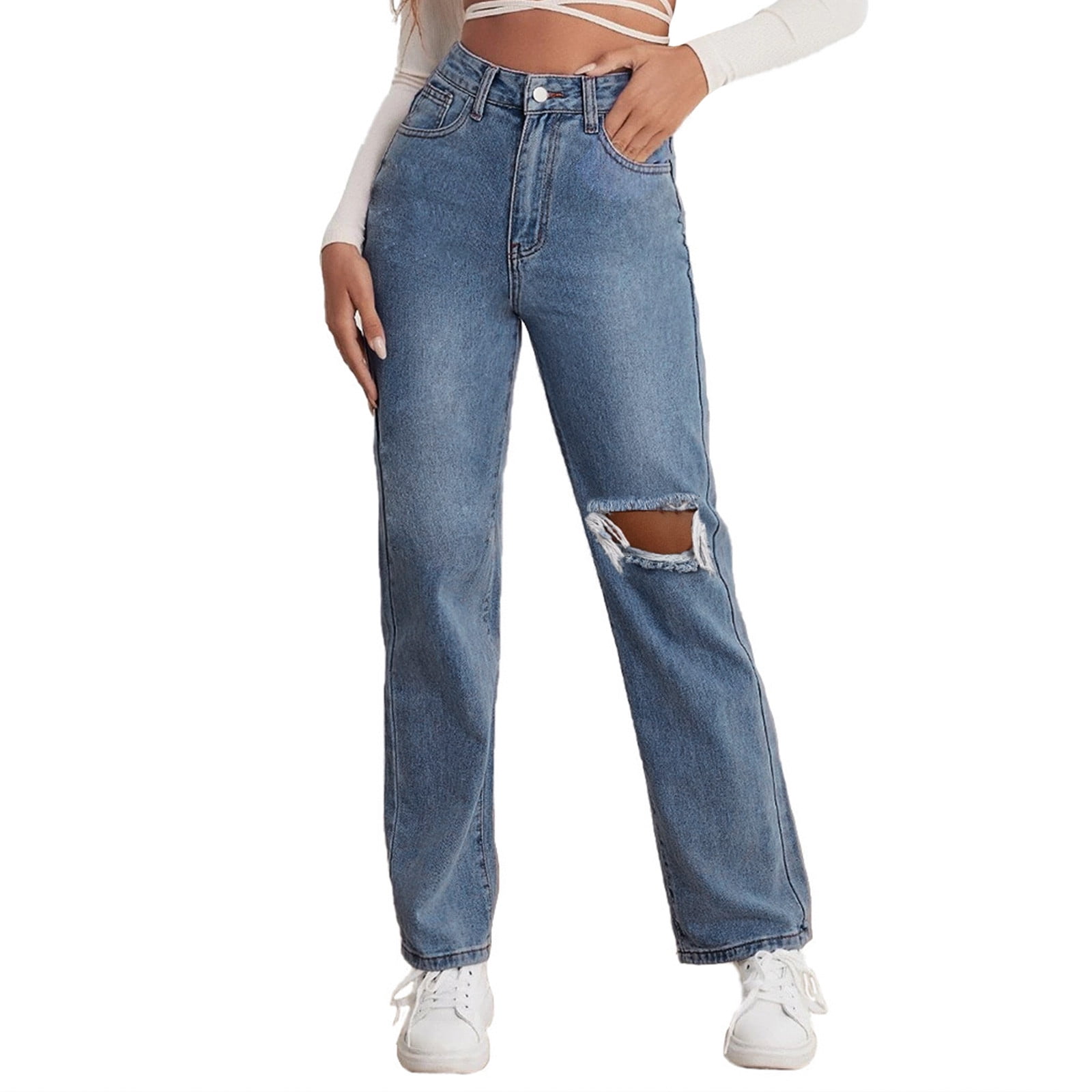 Buy Women High Waisted Pants Wide Leg Denim Jeans Straight Casual Loose  Baggy Trousers Vintage Y2K E-Girl Streetwear (Wide Leg, M) at