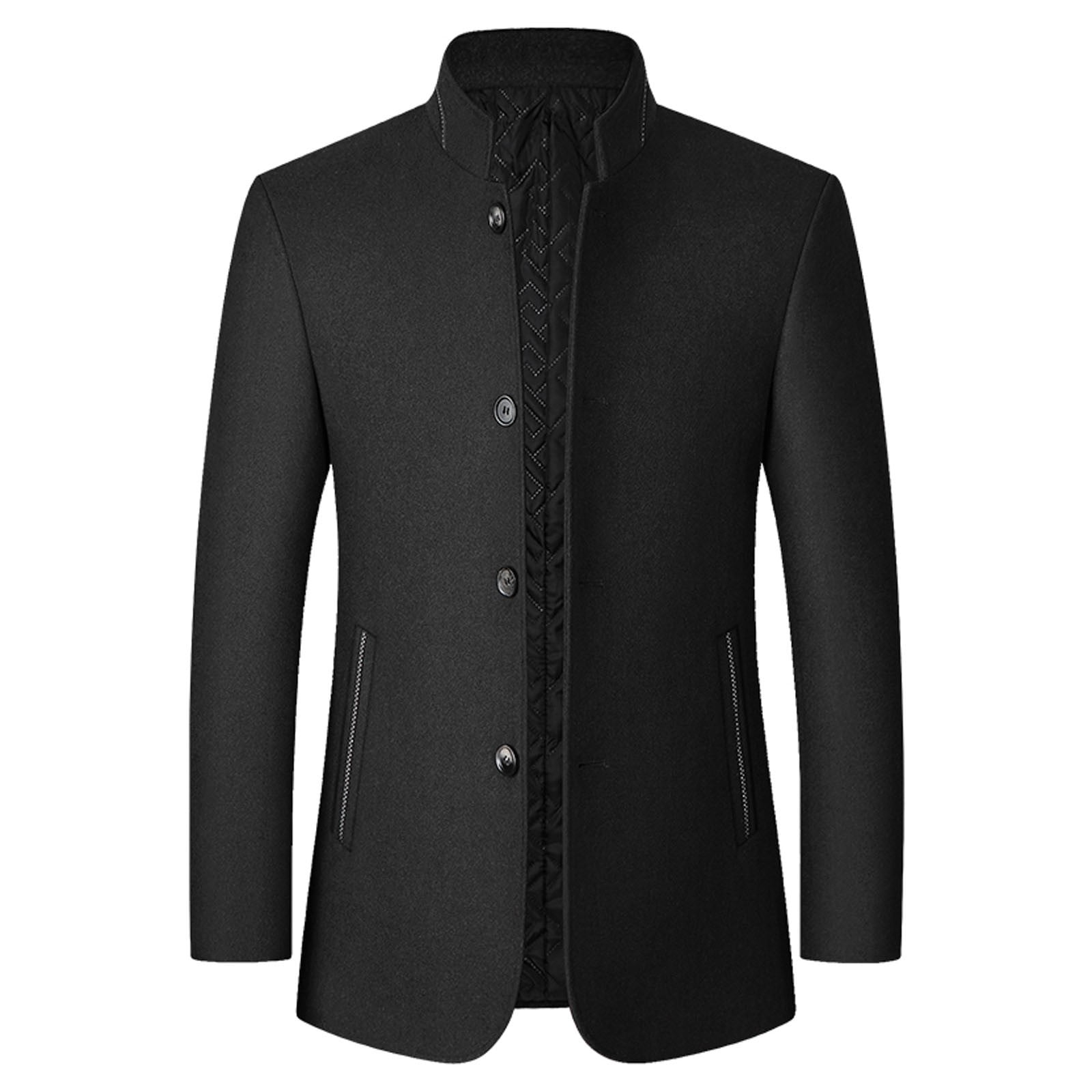 Men'S Zipper Single Breasted Pea Coat Jacket Long Stand