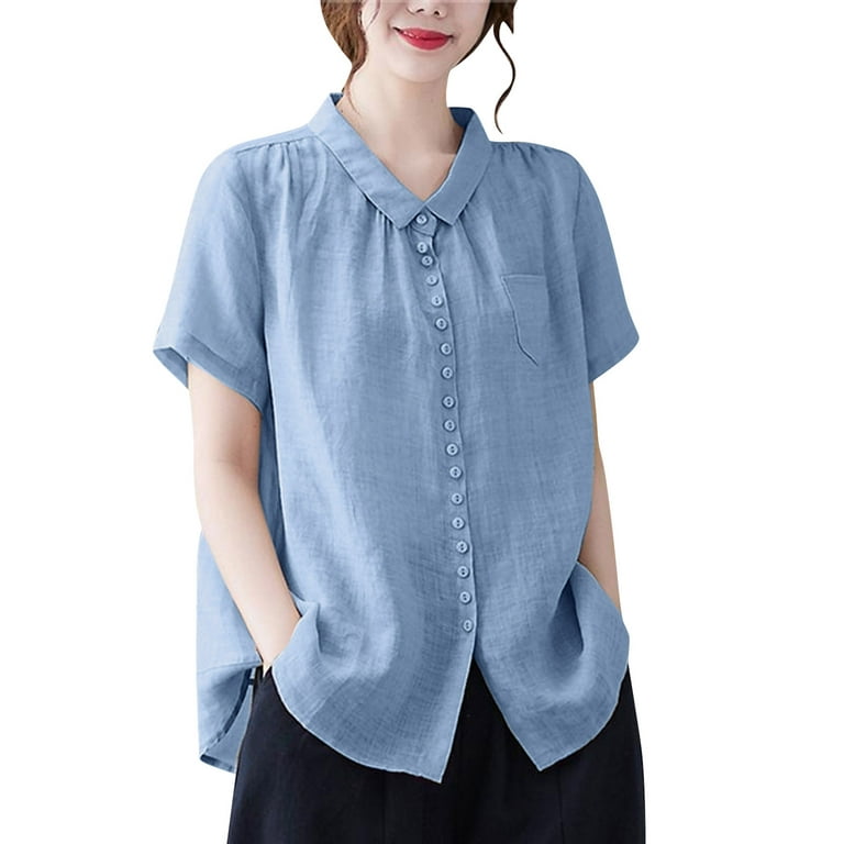 fvwitlyh Long Sleeve Thermal Shirt Women Womens Shirts Long Sleeve Button  Down Collared V Neck Oversized Blouses Tops with Pockets Blue XX-Large