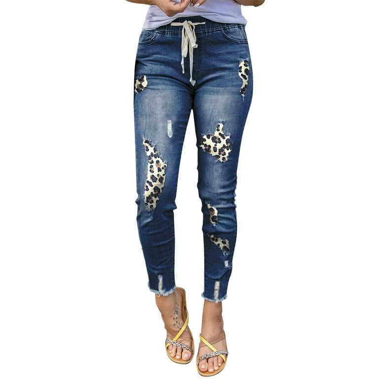 fvwitlyh Pants for Womens Jean Overalls Pants Women'S Leopard Print Holes  In The Elastic Waist Denim Pants Jean Pants for Women Long Cargo Pants  Women 