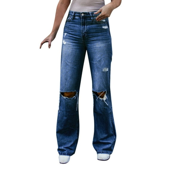 fvwitlyh Pants for Womens on Pants Tall Womens Casual Blue Classic Mid Waist Pockets Straight Denim Pants Trousers Jeans 18 plus Cargo Pants Women
