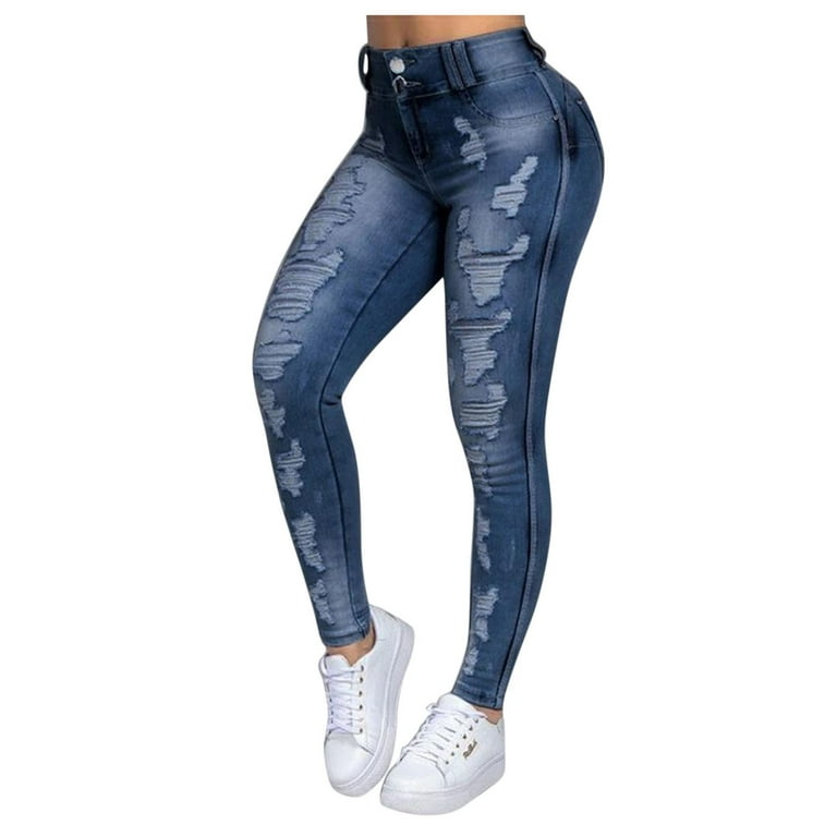 fvwitlyh Tummy Control Jeans for Women Women's Ripped Mid Rise Frayed Hem  Denim Stretchy Skinny Jeans