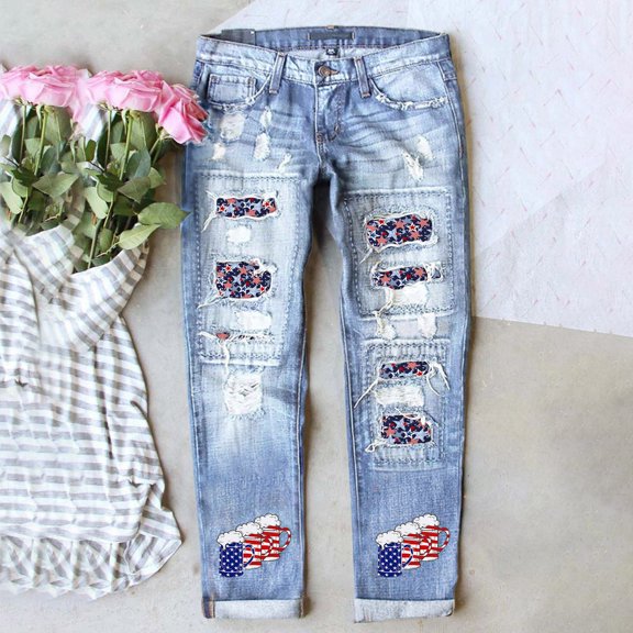 fvwitlyh Tummy Control Jeans for Women's Ripped Boyfriend Jeans Distressed Stretch Floral Patches Womens Straight Leg Jeans