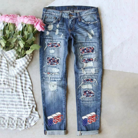 fvwitlyh Tummy Control Jeans for Women's Ripped Boyfriend Jeans Distressed Stretch Floral Patches Womens Straight Leg Jeans
