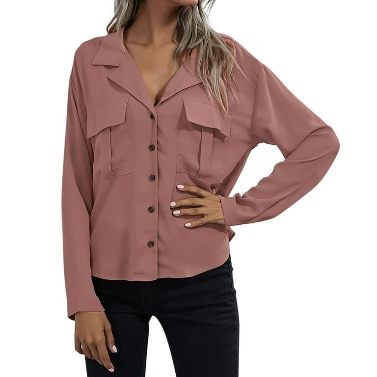 fvwitlyh Under Shirts for Women Women's Dressy Lapel Button Down Shirts for  Work Office Business Casual Chiffon Blouse Tops Hot Pink X-Large