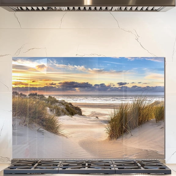 fzxwyishu Tempered Glass Backsplash for Kitchen,Stove Splashback Protector Beach Scenery Design | Heat-Resistant Splash Board, Kitchen Wall Decoration (Art Deco 2, 30"x24"(76.2x60.96cm))