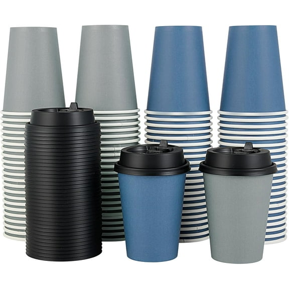 g 100 Pack 12 oz Disposable Paper Coffee Cups with Lids for Coffee, Water, Juice, or Tea, Blue and Gray Hot Paper Cups for Home, Restaurant, Store, and CafeDisposable cups