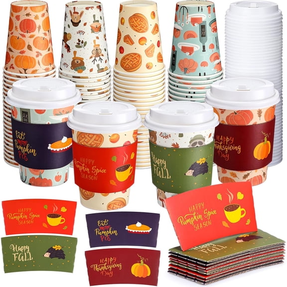 g 100 Pack 12 oz Fall Disposable Coffee Cups Bulk Thanksgiving Paper Coffee Cups with Lids and Sleeves for Autumn Thanksgiving Hot Cold Beverage Drinking Party Supplies(Stylish Style),Disposable cup