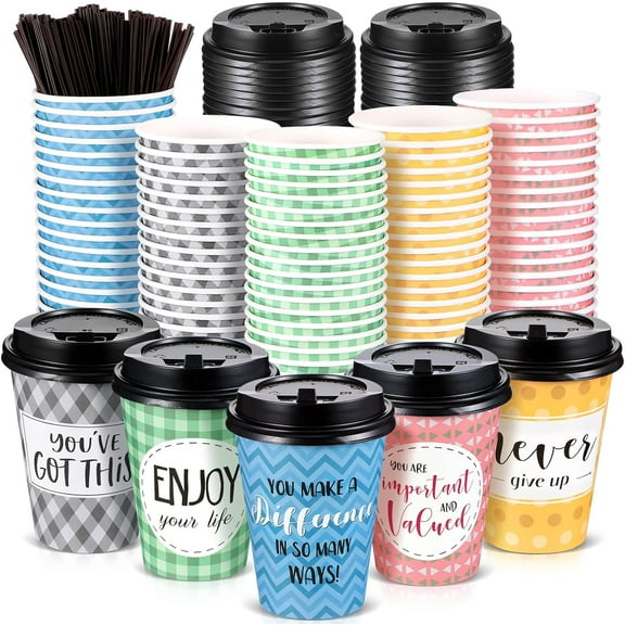 100 Pack Disposable Coffee Cups with  and Straws, Motivational Paper Hot Cups with 6 Quotes and Designs for Water, Juice, Coffee, , , Shop Cafe (16 Oz, Style)