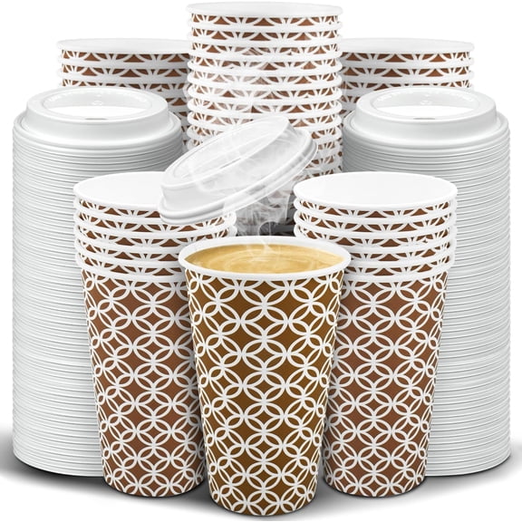 g 100 Pack Disposable To Go Coffee Cups with Lids 16 oz, Brown Minimalist Pattern Paper Hot CoCoa Cups Suitable for Travel, Party, Shops CafesDisposable cup