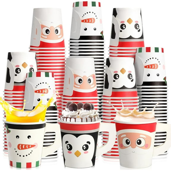 g 120 Pcs 7 oz Christmas Disposable Coffee Cups with Handles Bulk Christmas Hot Chocolate Paper Cups Penguin Snowman Santa Xmas Beverage Tea for Winter Holiday Party SuppliesDisposable cup