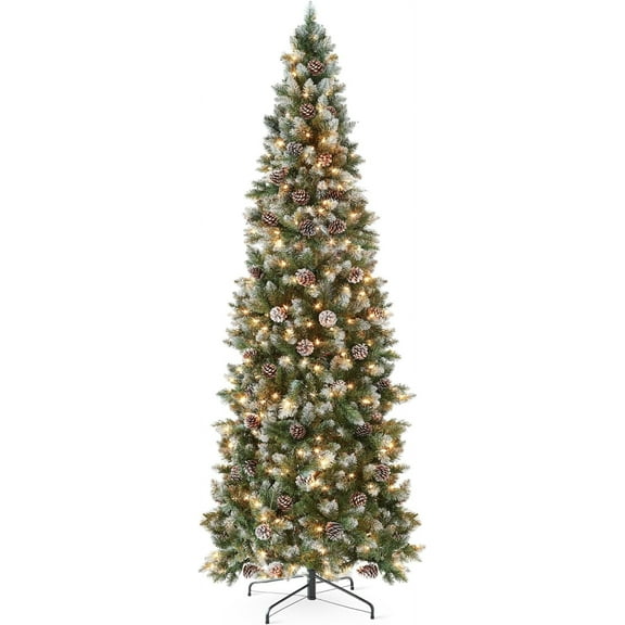 g 12ft Pre-lit Pencil Christmas Tree, Partially Flocked & Frosted Slim Holiday Tree Decoration, Skinny Xmas Tree, 700 Lights, 1,818 Frosted Tips, 128 Pine Cones, Foldable StandChristmas tree