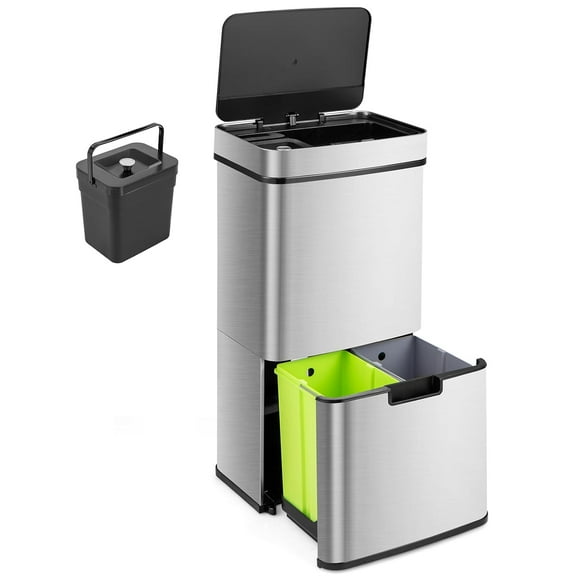 g 19 Gal Kitchen Trash Can, Infrared Motion Sensor Garbage Can with 2 Recycling Dustbin, Removable Inner Buckets, Stainless Steel Frame, Trash Bin with Soft-Closing Lid, Battery OperatedTrash can