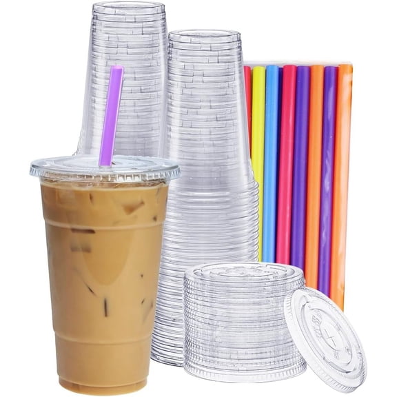 g [24 oz. - 100 Count Clear Cups with Flat Lids & Straws - Disposable Clear Drinking Cups for Iced Coffee, Cold Drinks, Milkshakes, and Smoothies - Formerly Comfy PackageDisposable cup