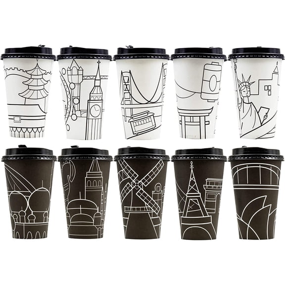 g 70 Sets Disposable Coffee Cups with Lids, To Go Hot Coffee Cups, Durable Paper Cups with Lids, City Skyline DesignDisposable cup