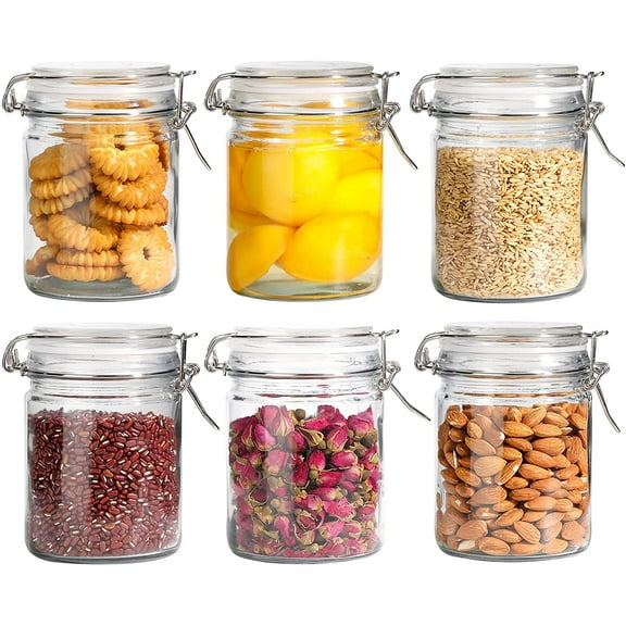 g Airtight Glass Canister with Lid Set of 6, 25oz Food Storage Jar, Mason Jars, Storage Container with Seal Wire Clamp Fastening for Kitchen Fermenting Preserving Canning Pasta Flour Cereal