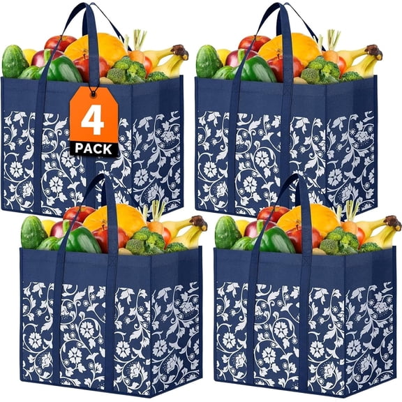 g Reusable Grocery Bags Foldable Tote Bags Bulk with Reinforced Handles Shopping Bags for Groceries Heavy Duty Kitchen Reusable Grocery Bags with Waterproof Coating 4-Pack, Blue