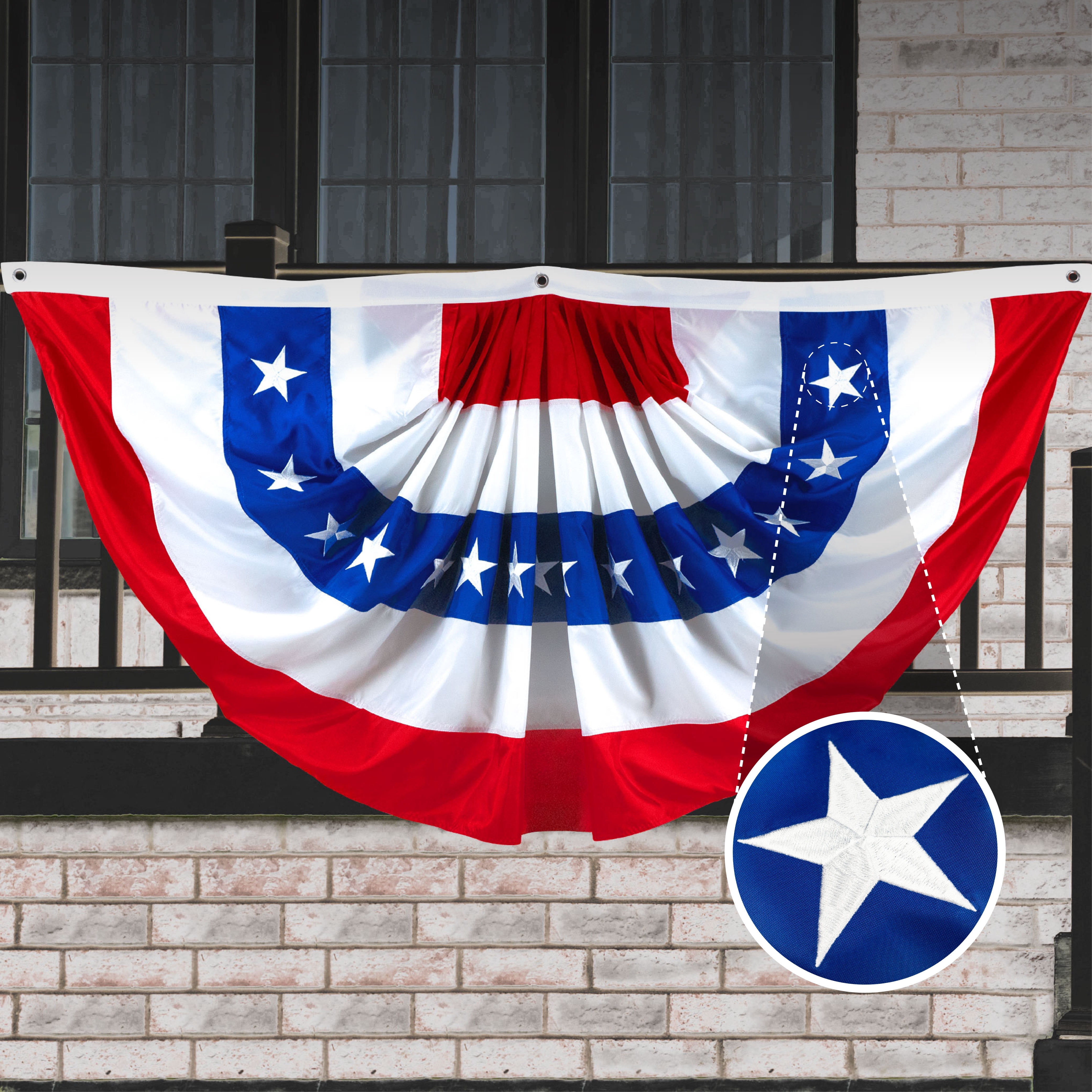 G128- 3x6 Ft US American Pleated Fan Flag Embroidered 210D 4th of July Patriotic Decoration Bunting