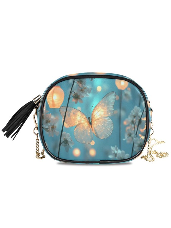 Womens Casual Chain Shoulder Bag Simple style Butterfly Amidst Flowers and Foliage Crossbody Bag