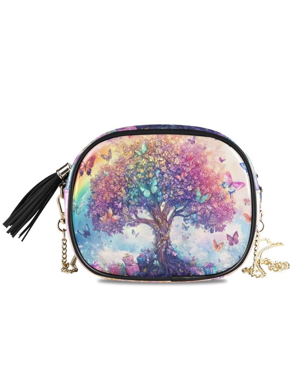Womens Casual Chain Shoulder Bag Simple style Colorful Tree with Butterflies Crossbody Bag