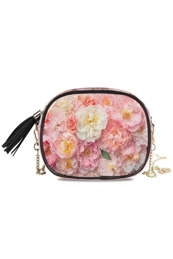 Womens Casual Chain Shoulder Bag Simple style Pink and White Flowers Glitter Crossbody Bag