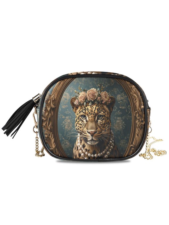 Womens Casual Chain Shoulder Bag Simple style Leopard with Floral Crown Pearls Crossbody Bag