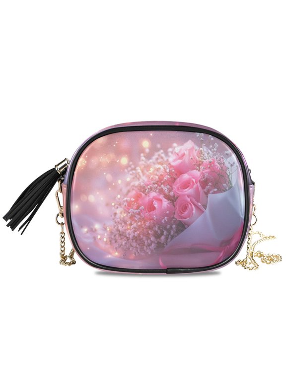 Womens Casual Chain Shoulder Bag Simple style Pink Roses Bouquet with Lights Crossbody Bag