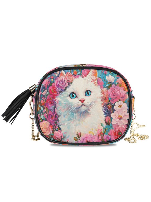 Womens Casual Chain Shoulder Bag Simple style Cat Surrounded by Pink Flowers Crossbody Bag