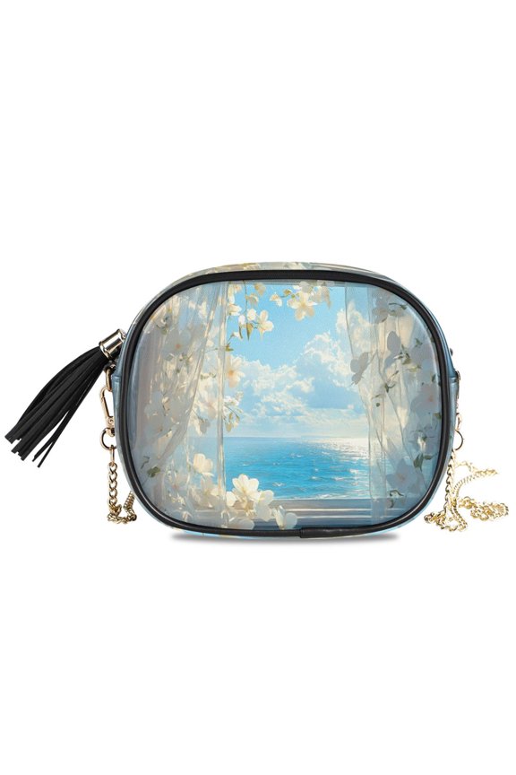 Womens Casual Chain Shoulder Bag Simple style Curtains Flowers Ocean View Crossbody Bag