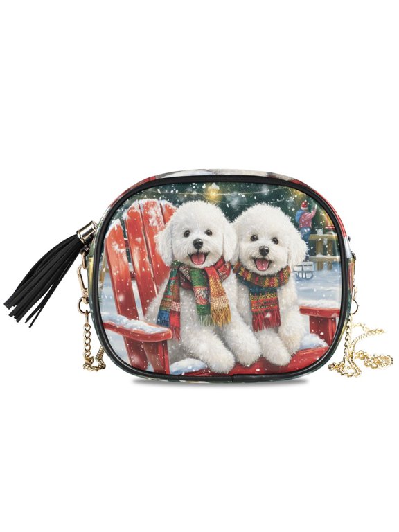 Womens Casual Chain Shoulder Bag Simple style Two Dogs Wearing Scarves Crossbody Bag