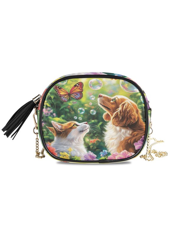Womens Casual Chain Shoulder Bag Simple style Cat and Dog with Butterflies Crossbody Bag