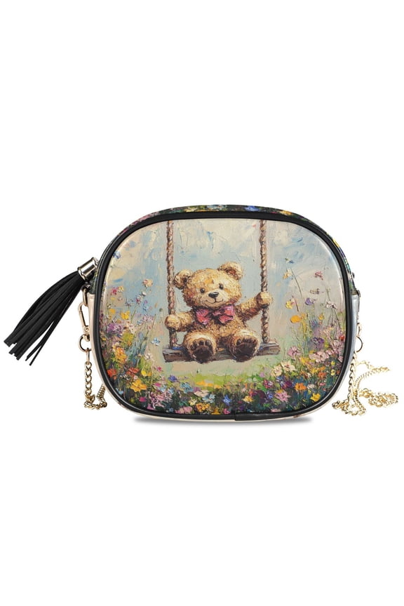Womens Casual Chain Shoulder Bag Simple style Bear on Swing Painting Crossbody Bag